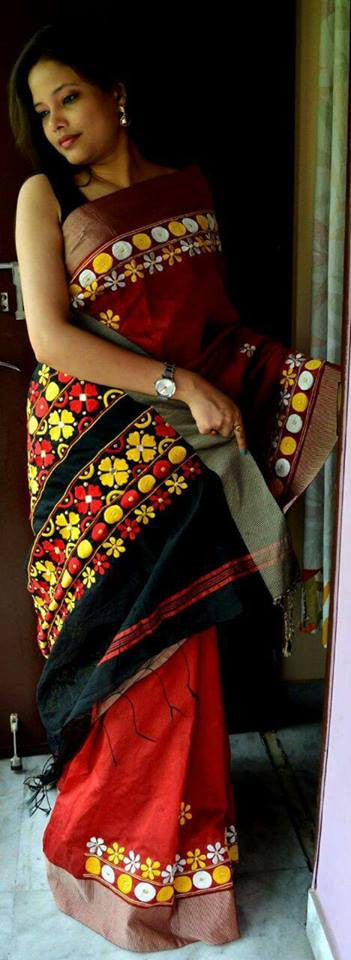 Red & Black Bangladeshi Pure Cotton Kathiawari Sarees - Dailybuyys