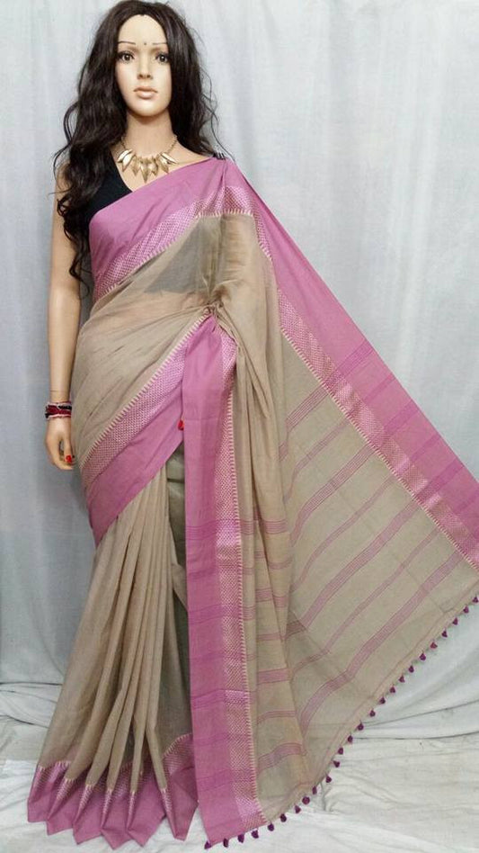 Pink & Grey Pure Cotton Silk Sarees - Dailybuyys