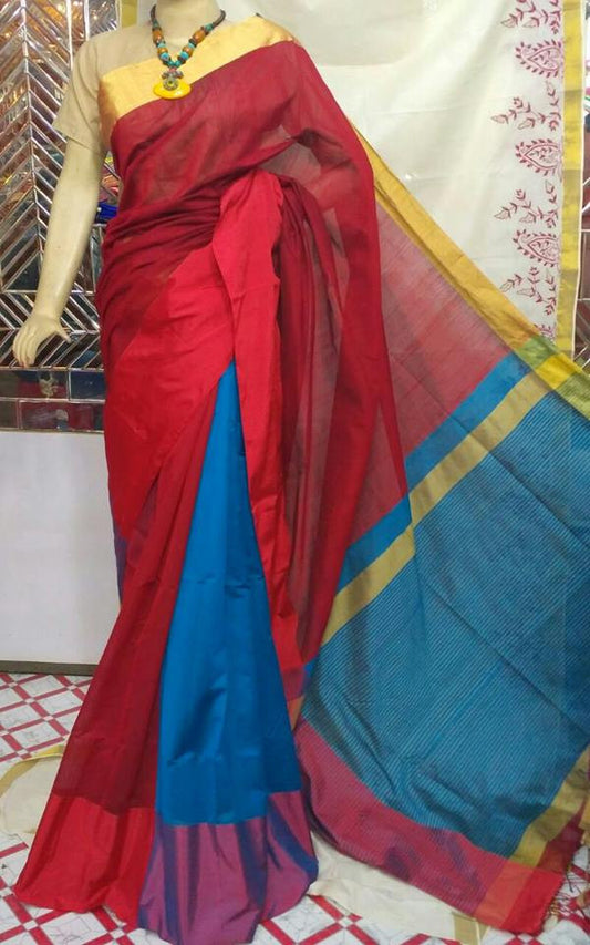 Red & Blue Mahapar Pure Cotton Silk Sarees - Dailybuyys