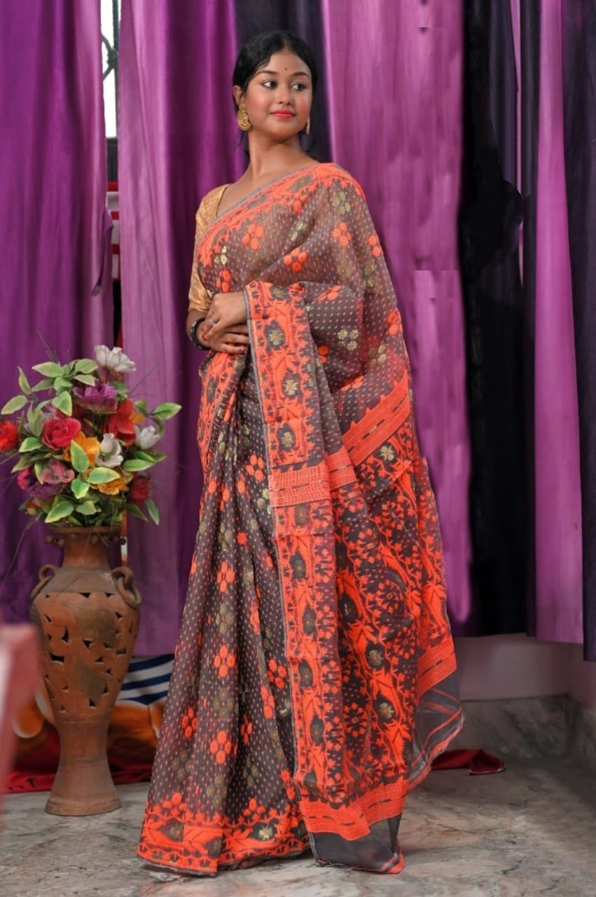 Greyish Brown with orange detail work soft Dhakai Jamdani Sarees