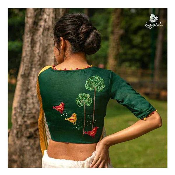 Green Boat Neck Embroidered Blouses(Add to Cart 15% Off)