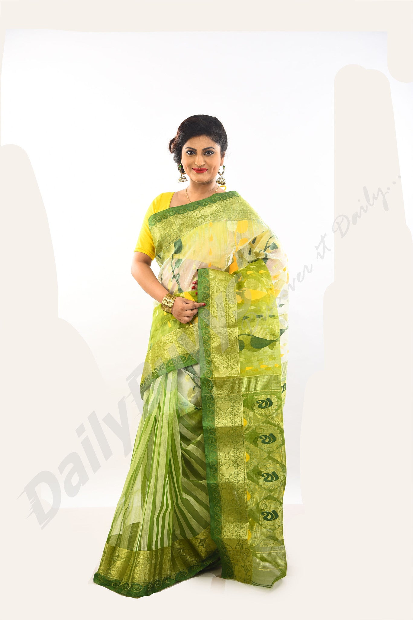 Green ,Yellow Dhakai Jamdani Sarees