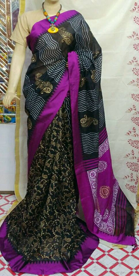 Black & Magenta Bengal Handloom Silk Sarees