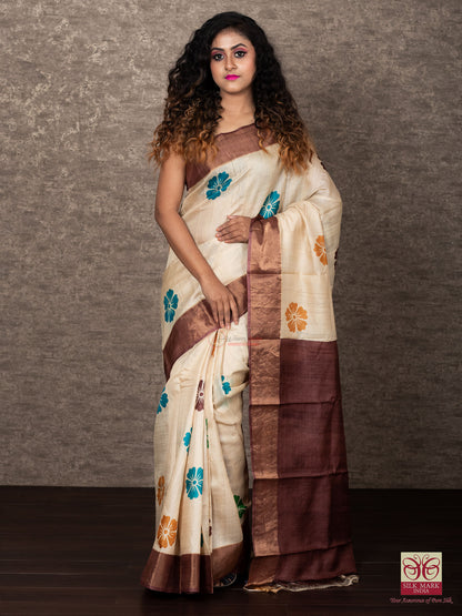 Block Printed Zari Border Pure Silk Mark Certified Tussar Silk Sarees