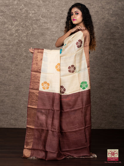 Block Printed Zari Border Pure Silk Mark Certified Tussar Silk Sarees