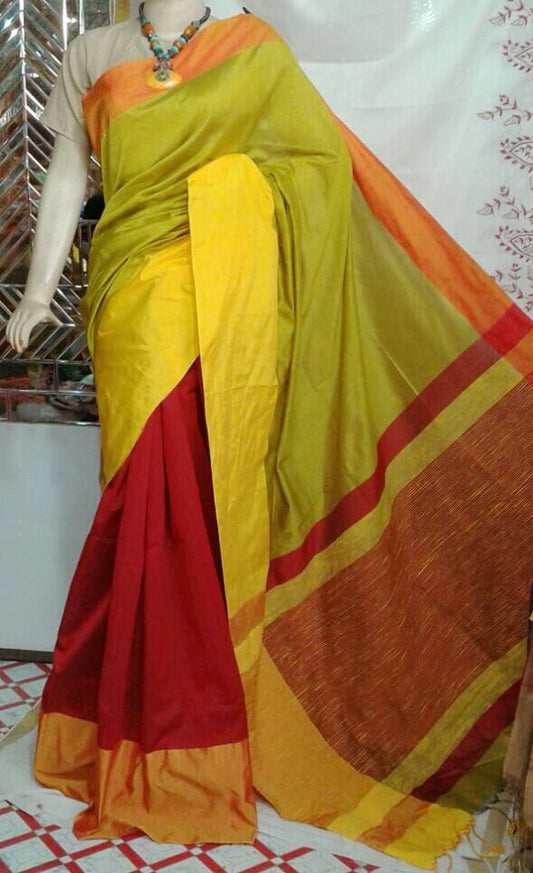 Red & Yellow  Mahapar Pure Cotton Silk Sarees - Dailybuyys