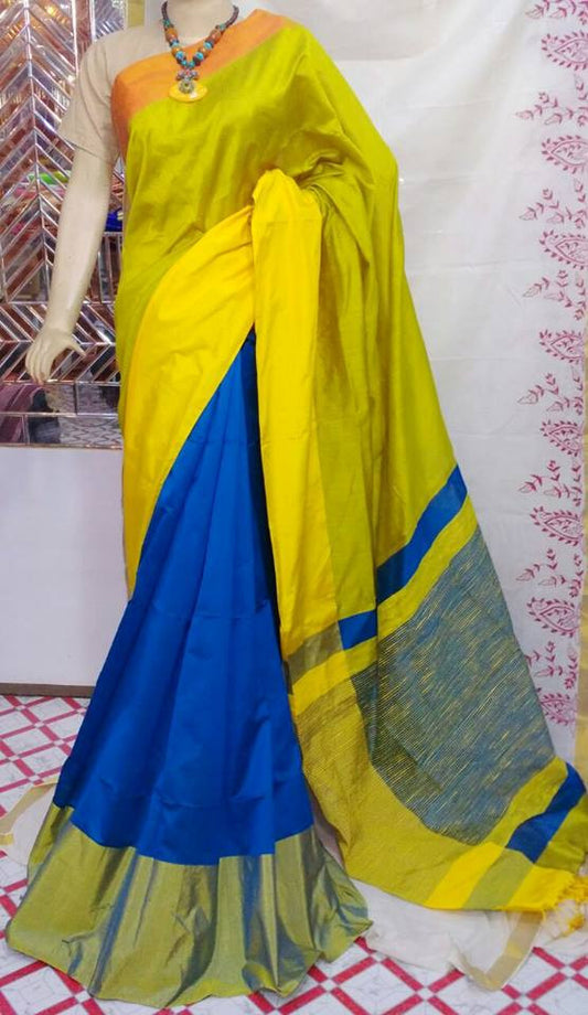 Yellow & Blue,Grey Mahapar Pure Cotton Silk Sarees - Dailybuyys