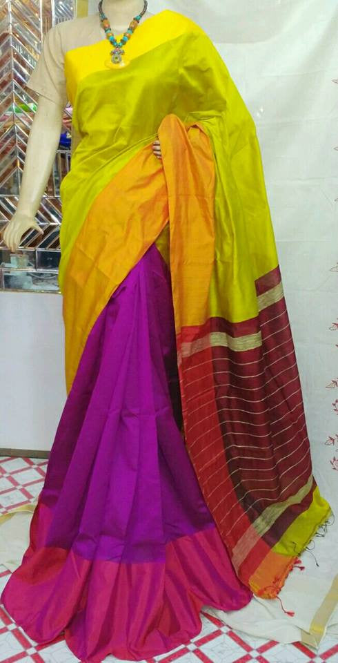 Yellow & Multi Mahapar Pure Cotton Silk Sarees - Dailybuyys
