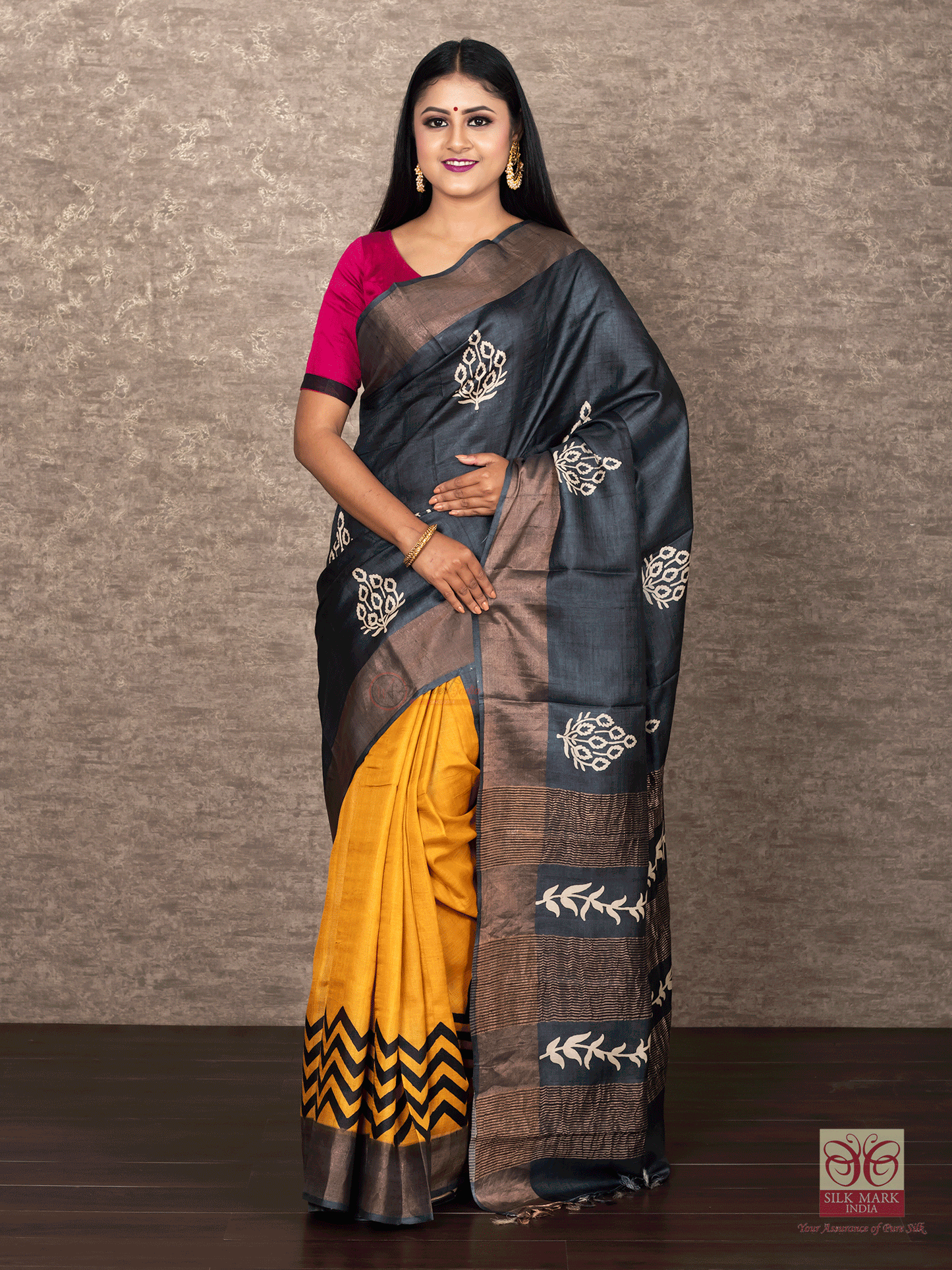 Block Printed Zari Border Pure Silk Mark Certified Tussar Silk Sarees