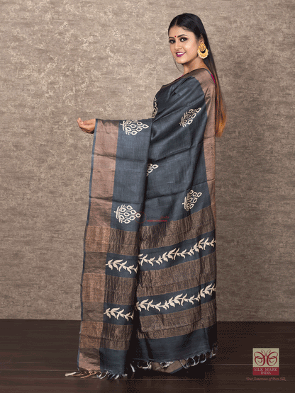 Block Printed Zari Border Pure Silk Mark Certified Tussar Silk Sarees