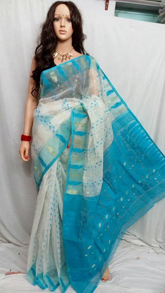 White & Blue Dhakai Jamdani Sarees