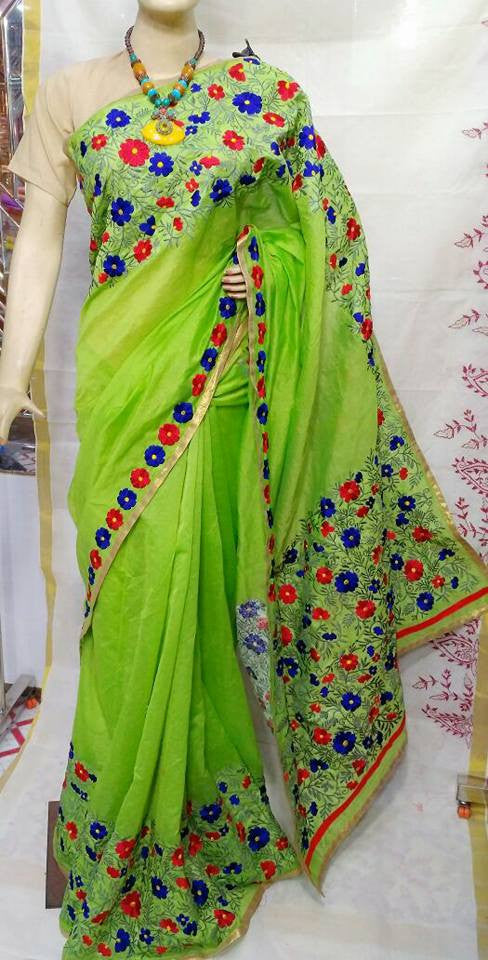 Parrot Green Handloom Chanderi Silk Sarees - Dailybuyys