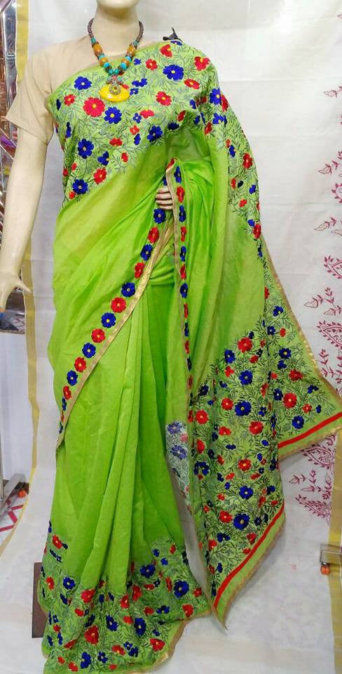 Parrot Green Handloom Chanderi Silk Sarees