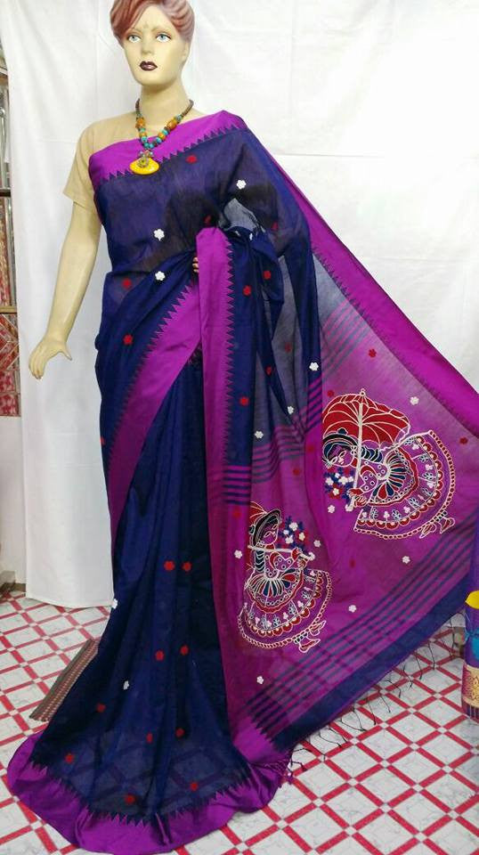 Nevy Blue & Pink Handloom Chanderi Silk Sarees