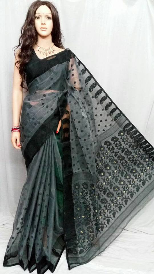 Black Red Floral Jamdani Saree