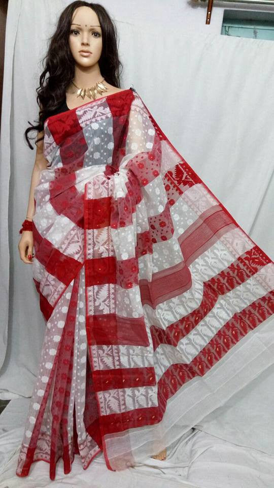 White & Red Dhakai Jamdani Sarees