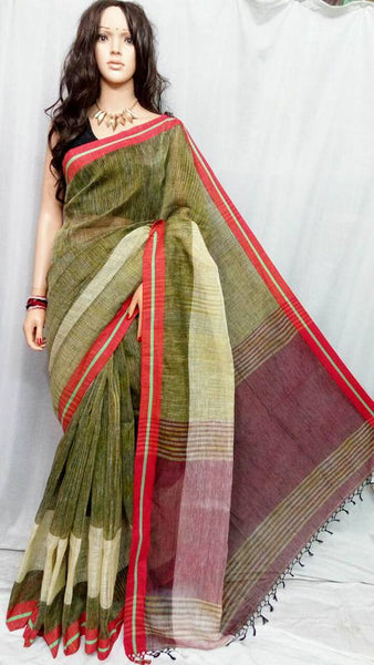 Green Pure Linen Sarees