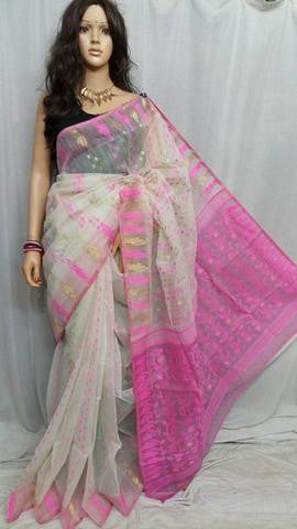 White & Pink Dhakai Jamdani Sarees - Dailybuyys