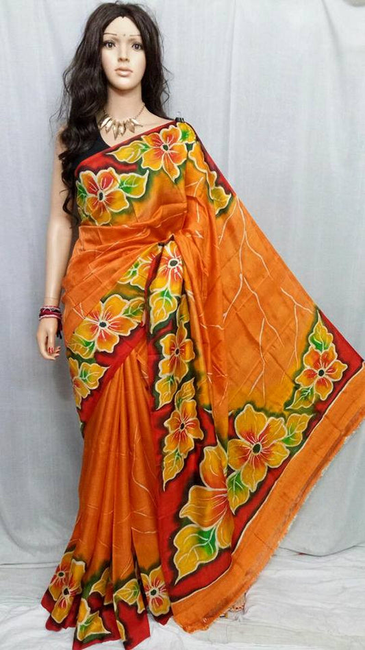 Orange Pure Silk Mark Certified Murshidabad Silk Sarees - Dailybuyys