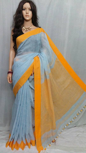 Grey & Yellow Pure Linen Sarees