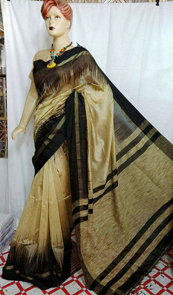 Beige & Black Bengal Handloom Silk Sarees