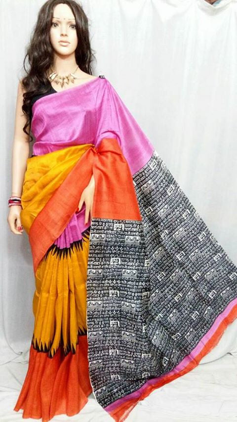 Pink Yellow Pure Silk Mark Certified Murshidabad Silk Sarees - Dailybuyys