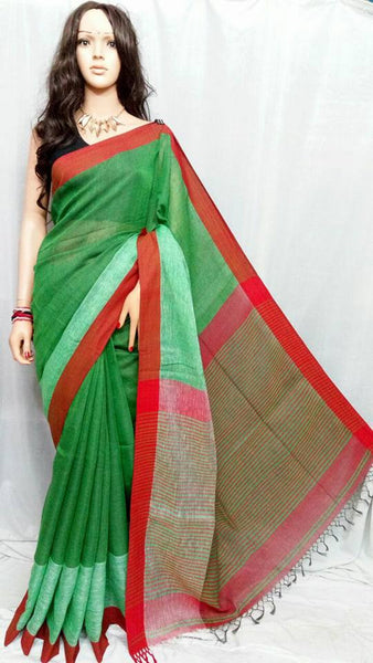 Green Pure Linen Sarees