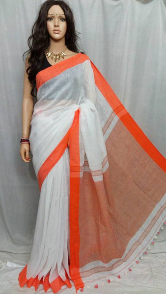 White & Orange Pure Linen Sarees