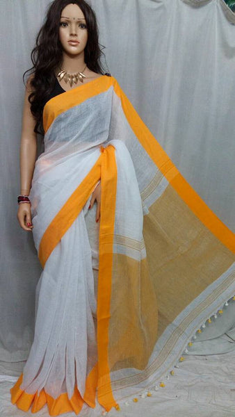 White & Yellow Pure Linen Sarees