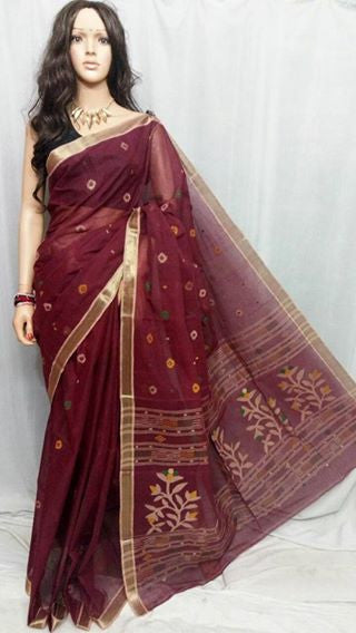 Maroon Pure Cotton Jamdani Sarees