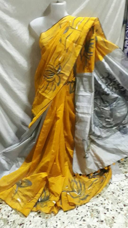 Yellow Pure Silk Mark Certified Murshidabad Silk Sarees - Dailybuyys