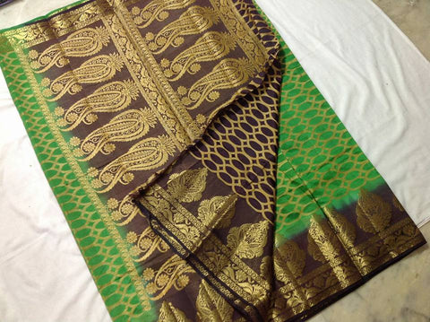 Brown & Green Dupion Silk Sarees