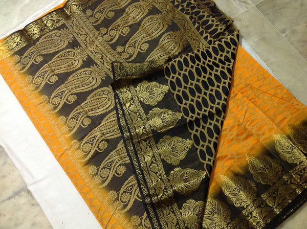 Black & Yellow Dupion Silk Sarees