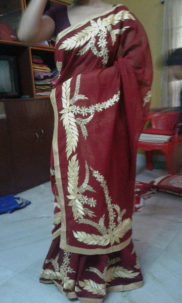 Red Bangladeshi Pure Cotton Kathiawari Sarees