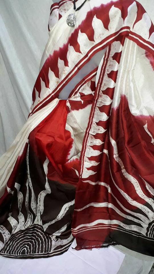 White & Red Wax Painted Pure Silk Mark Certified Bishnupuri Silk Sarees