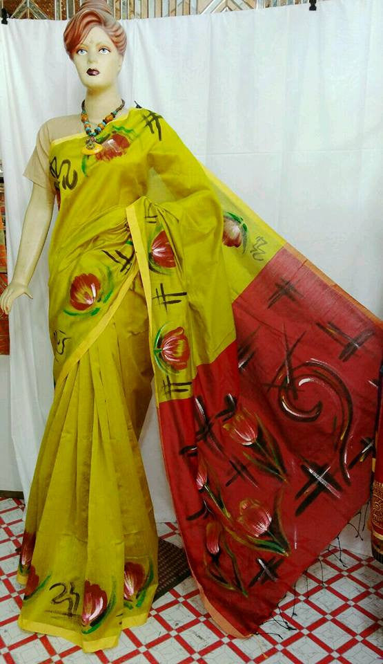 Yellow & Red Handloom Resom Hand Print Collection