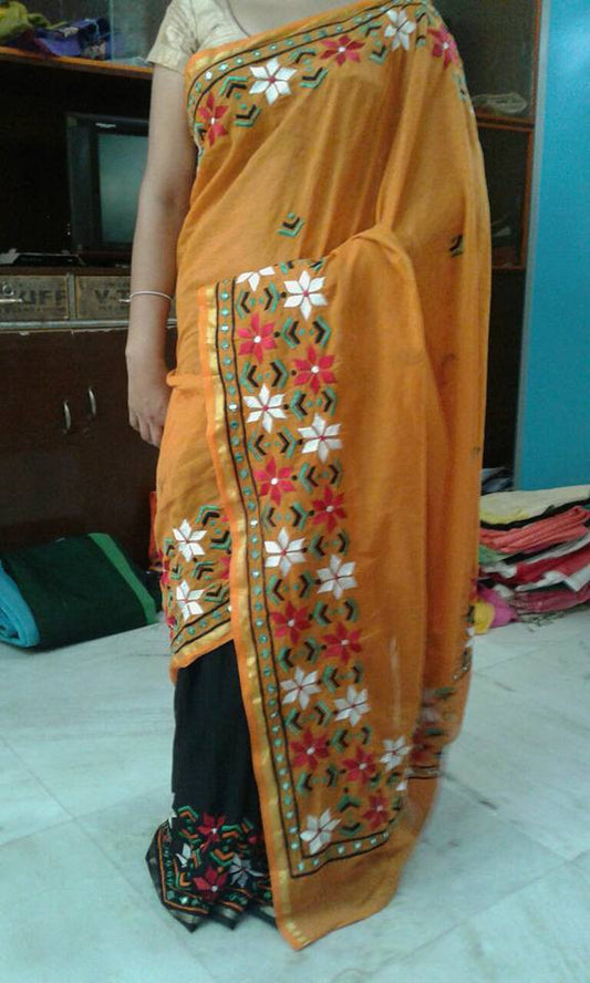 Yellow & Black Bangladeshi Pure Cotton Kathiawari Sarees - Dailybuyys