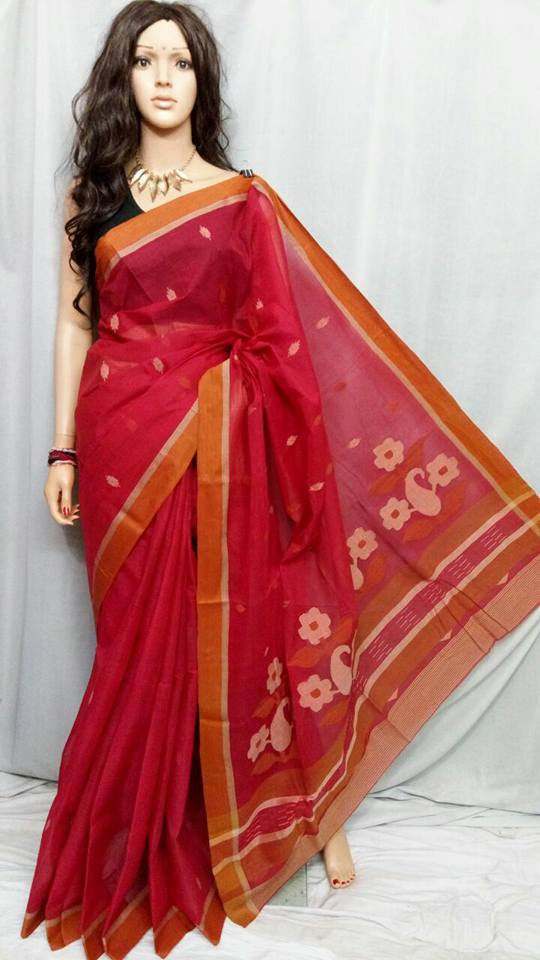 Red Pure Cotton Jamdani Sarees - Dailybuyys