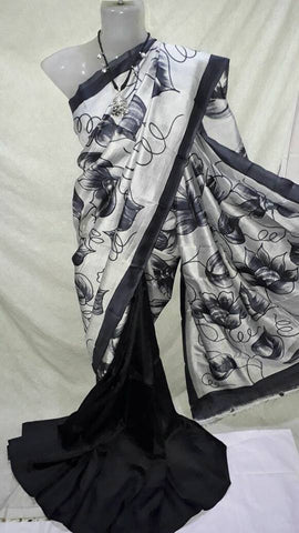 White & Black Hand Printed Pure Silk Mark Certified Bishnupuri Silk Sarees