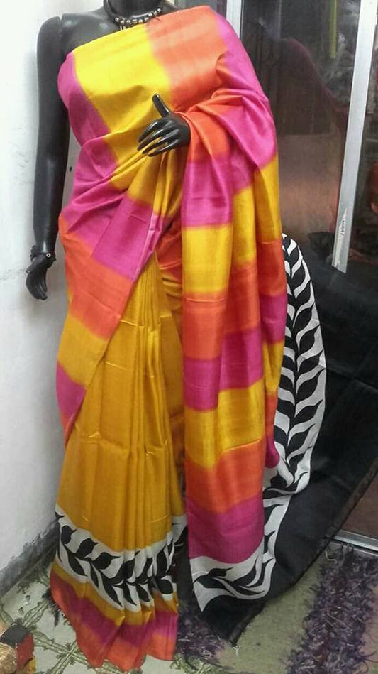 Yellow Pure Silk Mark Certified Murshidabad Silk Sarees - Dailybuyys