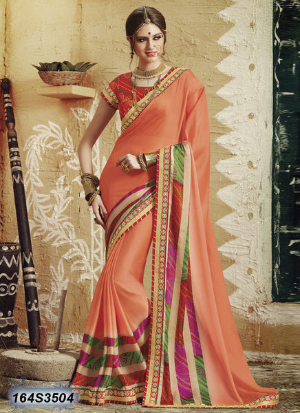 Traditional Peach Red  Faux Georgette Sarees