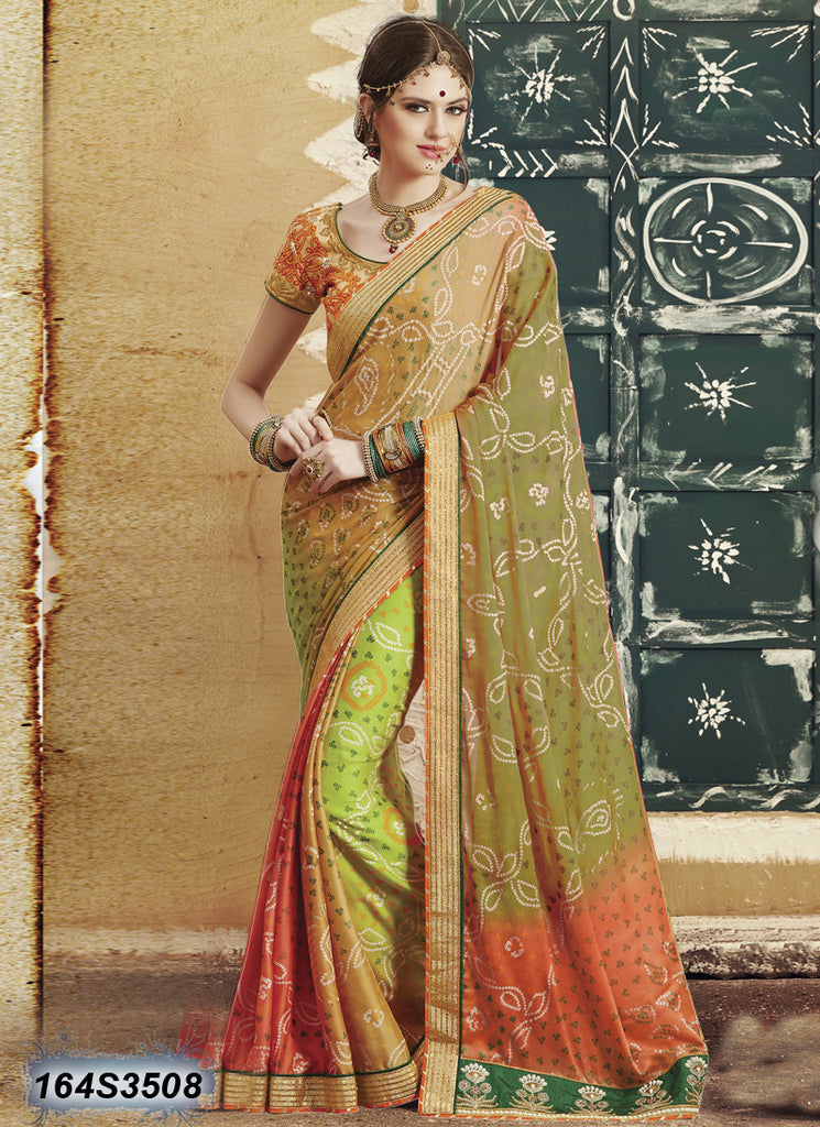 Traditional Peach Beige Green Bandhan Printed Faux Georgette Sarees