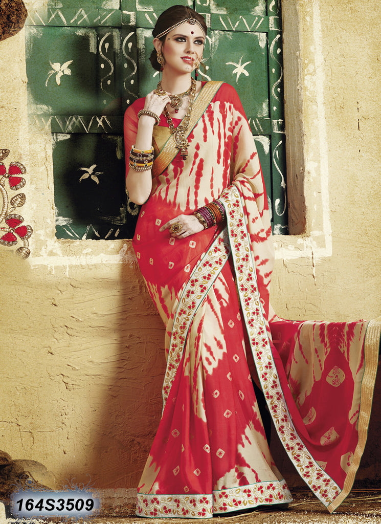 Traditional Red Cream Faux Georgette Sarees