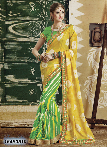 Traditional Yellow Green Bandhan Printed Faux Georgette Sarees