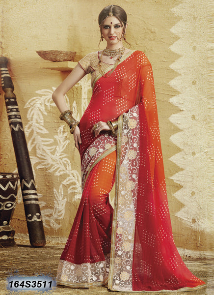 Traditional Red Orange Bandhan Printed Crushed Georgette Sarees