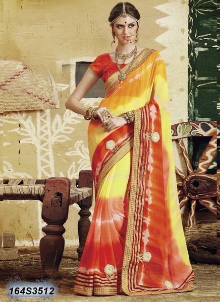 Traditional Orange Red Yellow Crushed Georgette Sarees