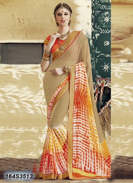 Traditional Orange Yellow Beige Crushed Georgette Sarees
