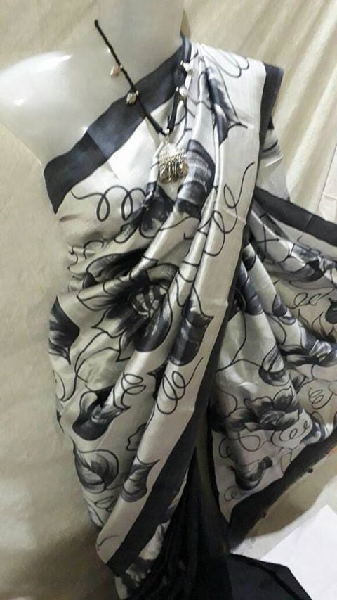 White & Black Hand Printed Pure Silk Mark Certified Bishnupuri Silk Sarees - Dailybuyys