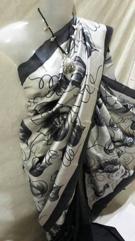 White & Black Hand Printed Pure Silk Mark Certified Bishnupuri Silk Sarees