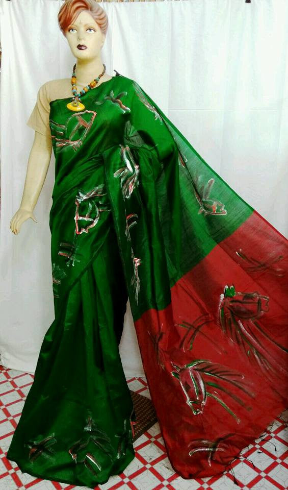 Green & Red  Handloom Resom Hand Print Collection
